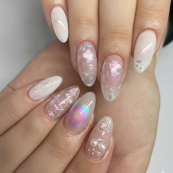 White 3D Floral Bubble Almond Nails — Korean Nail Art