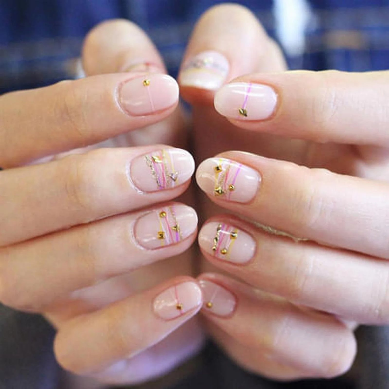 Sheer Nude Linear Gold Pink Oval Nails — Korean Nail Art