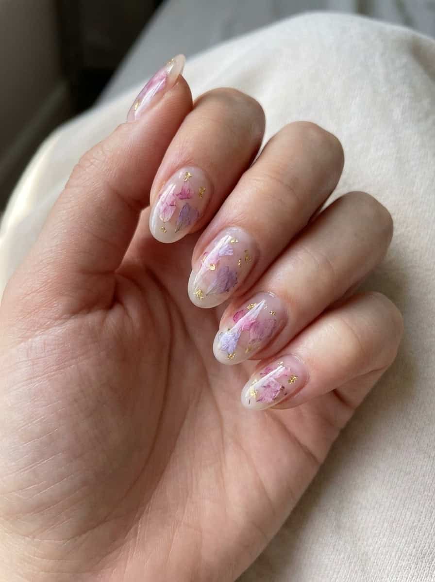 Short Oval Pressed Flower Nails, Close-Up Take — Korean Nail Art