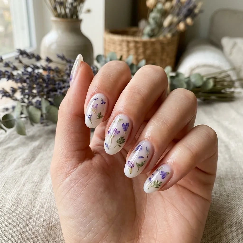 Short Oval Pressed Flower White Base Nails — Korean Nail Art