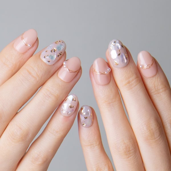 Pale Pink Gold Wire Pearl Oval Nails — Korean Nail Art