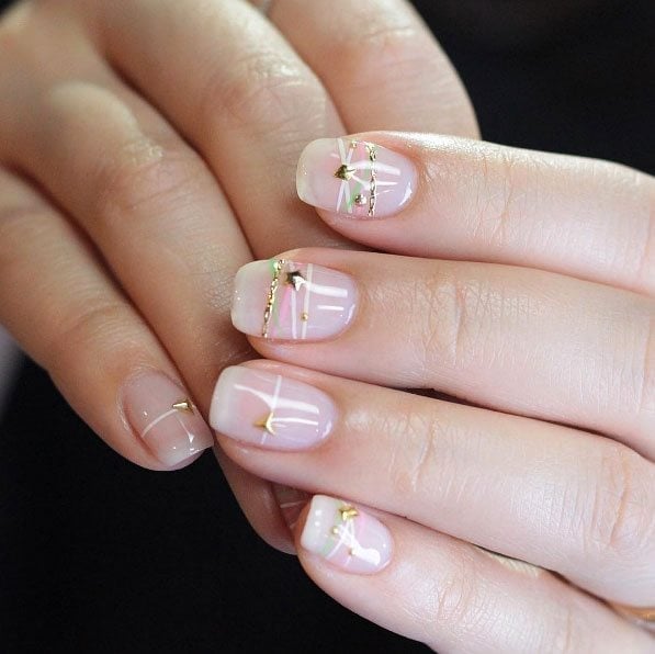 Sheer Nude White Gold Line Oval Nails — Korean Nail Art