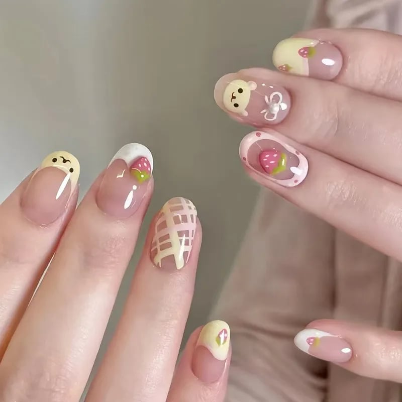 Short Oval Pastel Teddy Bear Strawberry Nails — Korean Nail Art