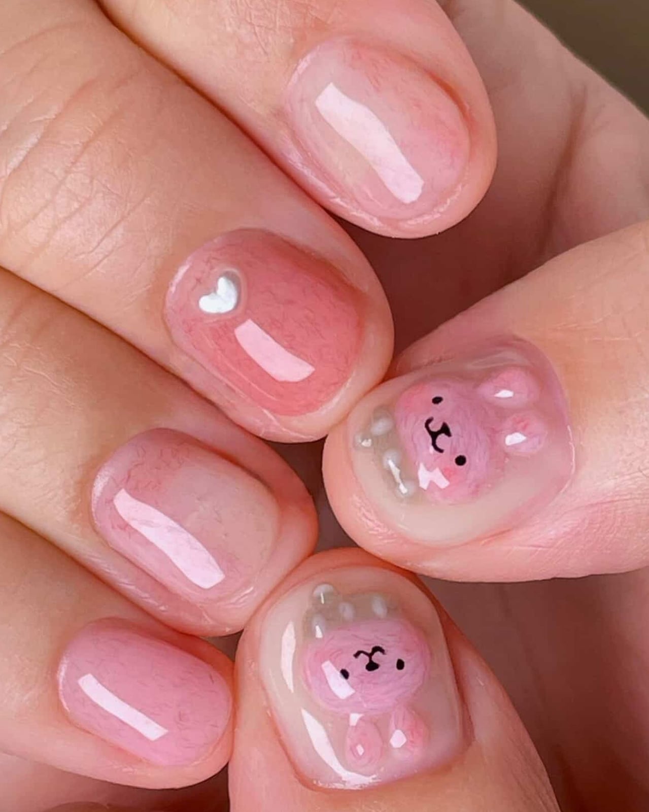 Short Square Pink Teddy Bear Nails — Korean Nail Art