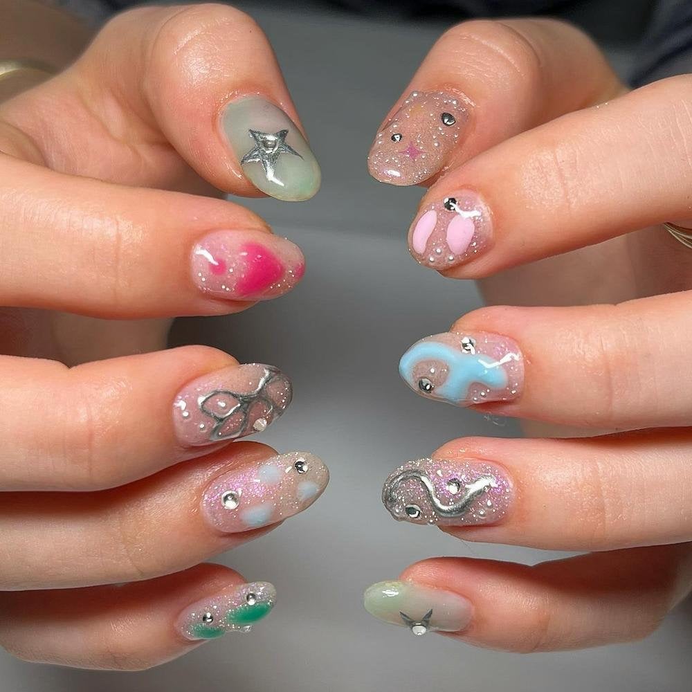 Short Oval Mint Pink Blue Cat Eye 3D Nails — Korean Nail Art