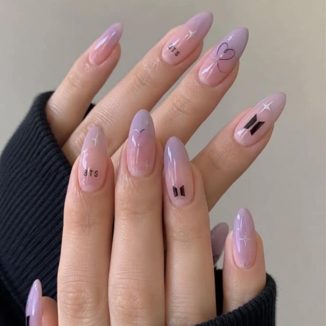 Medium Almond Lavender Pink BTS Gradient Nails — Korean Nail Art