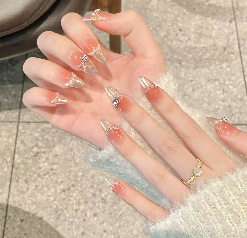 Peach Silver Gradient Stiletto Nails — Korean Nail Art