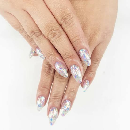 Iridescent White Silver Blue Foil Nails — Korean Nail Art