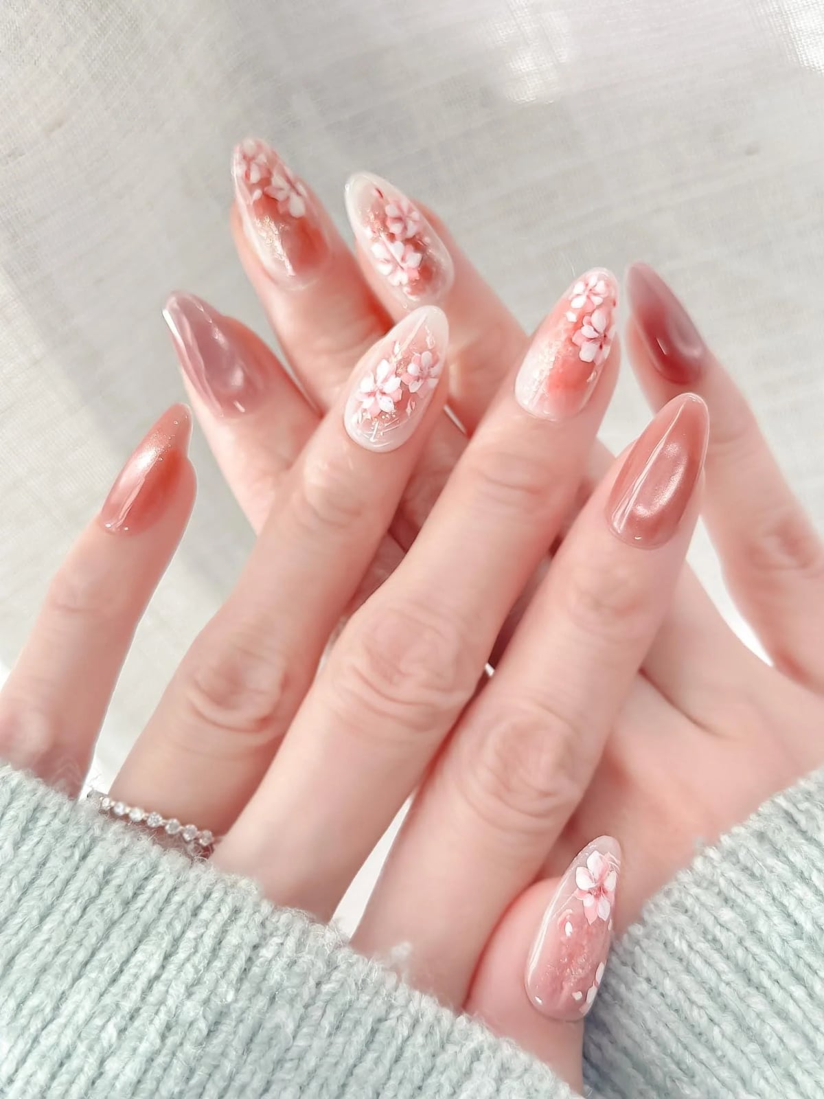Blush Pink Cherry Blossom Almond Nails — Korean Nail Art
