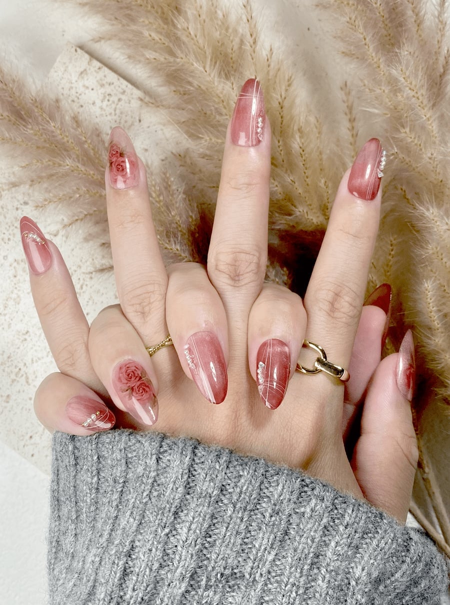 Rose Gold Floral Rose Gold Shimmer Nails — Korean Nail Art