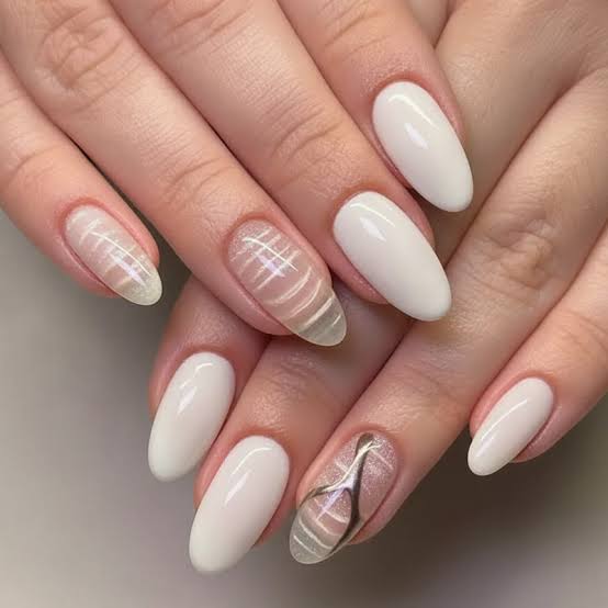 Medium Oval Milky White Line Art Nails — Korean Nails