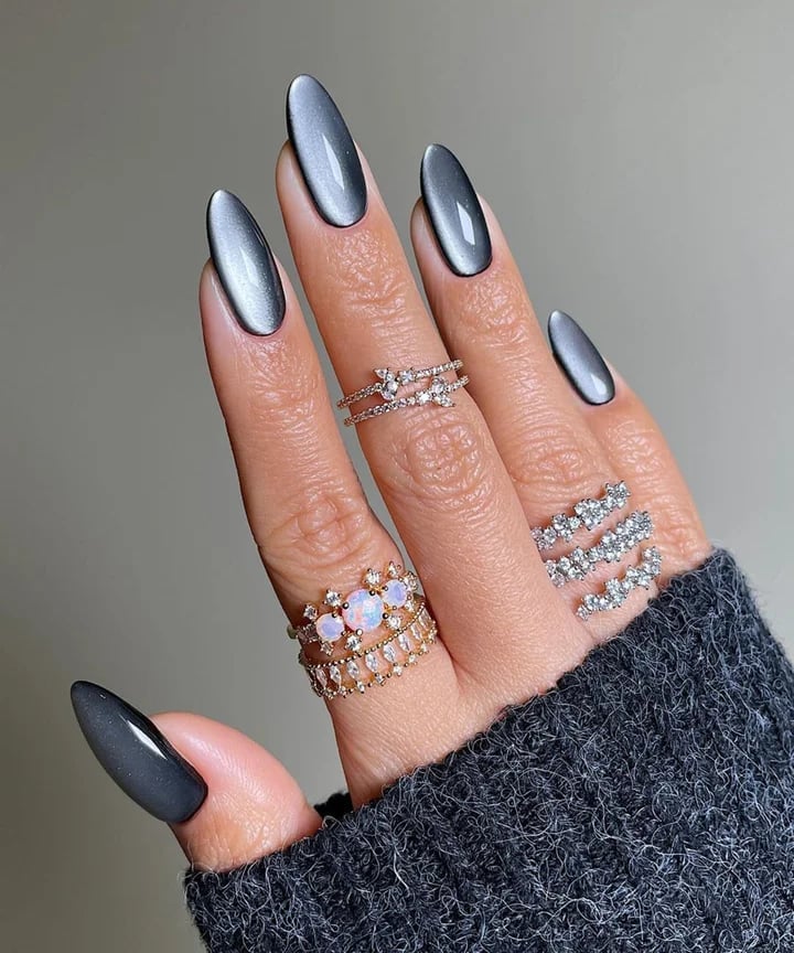 Long Almond Dark Gray Chrome Nails — Korean Nails