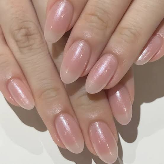 Short Almond Milky Pink Glass Nails — Korean Nails