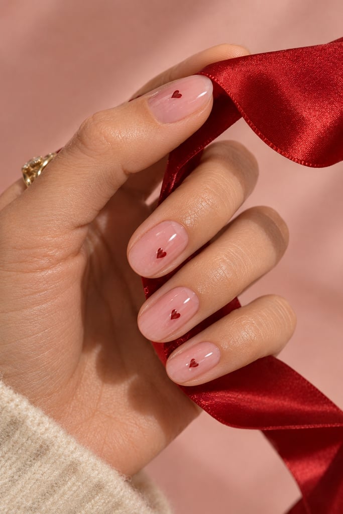 Short Oval Sheer Pink Tiny Heart Nails — Korean Nails