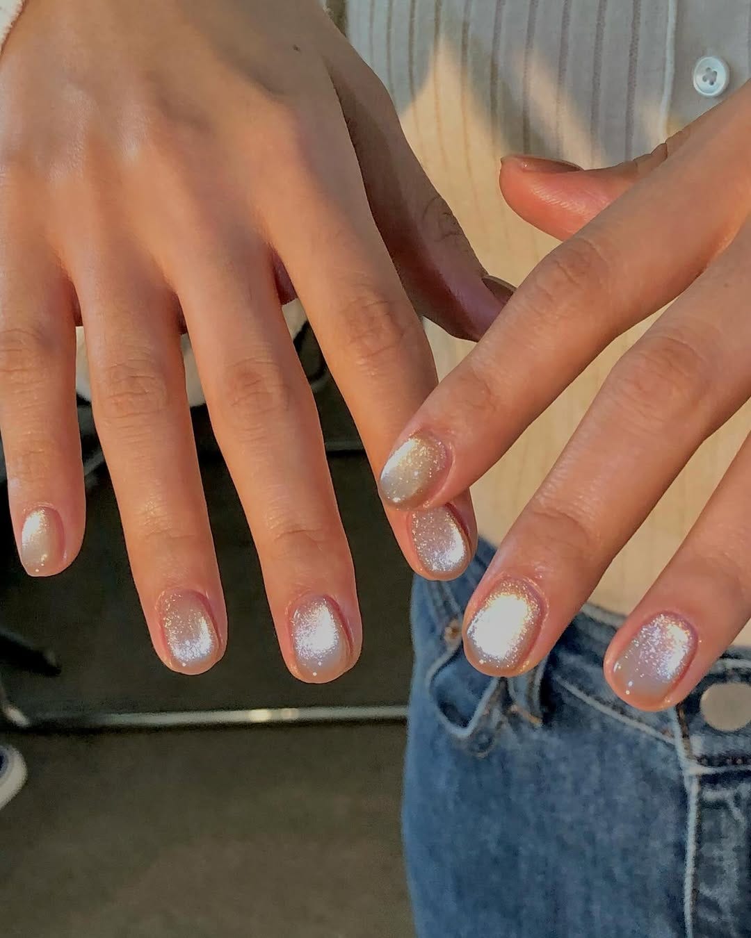 Short Rounded Milky Beige Shimmer Nails — Korean Nails
