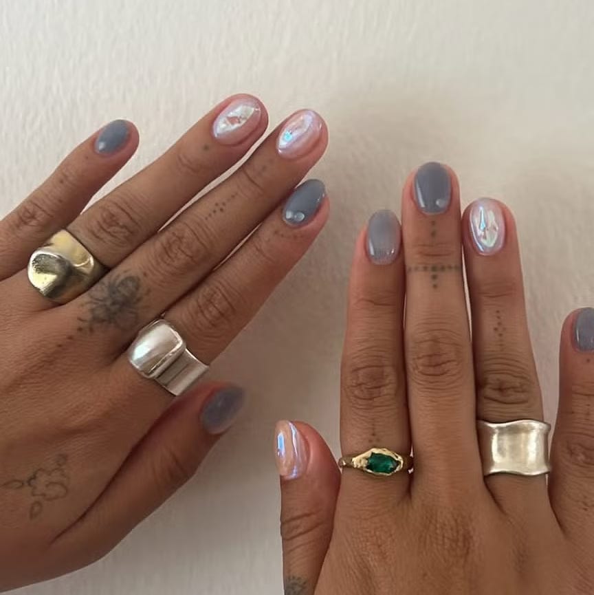 Short Soft Square Gray and Iridescent Nails — Korean Nails