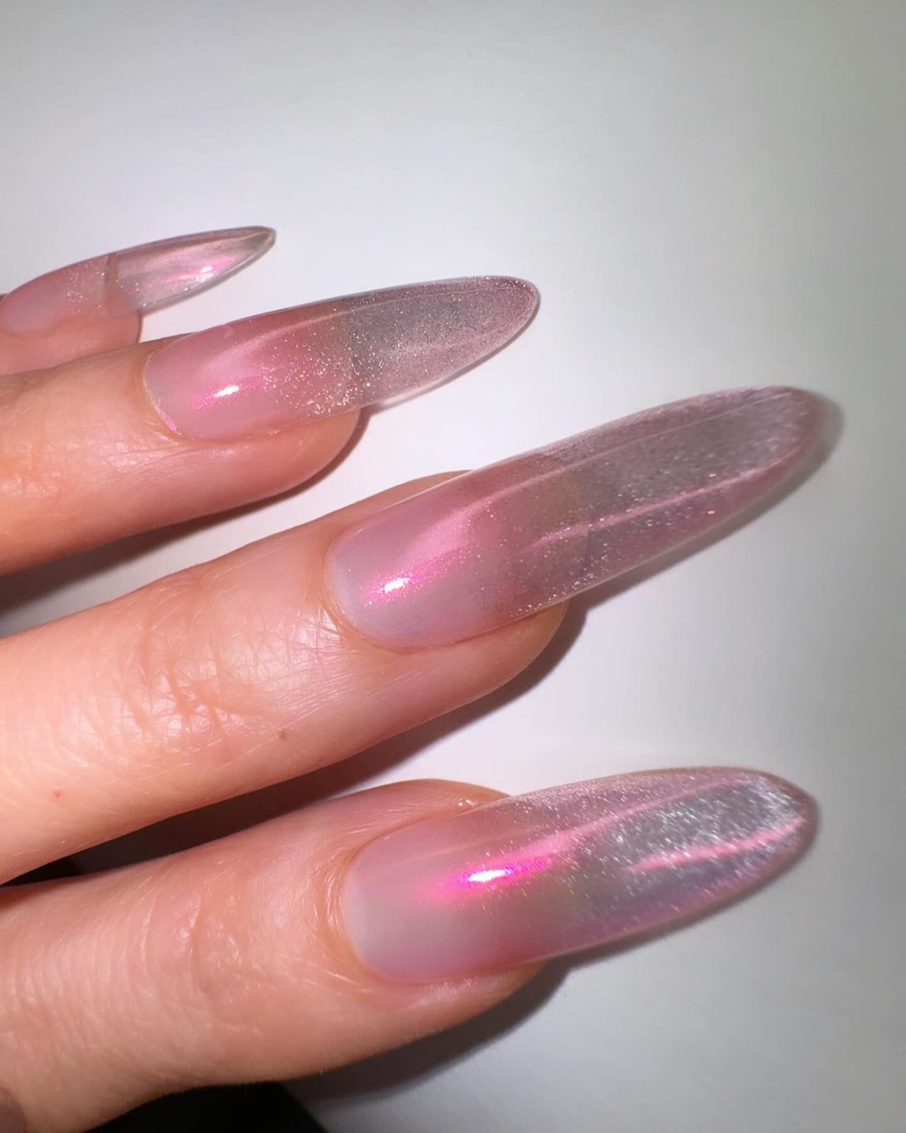 Long Almond Pink Cat-Eye Nails — Korean Nails