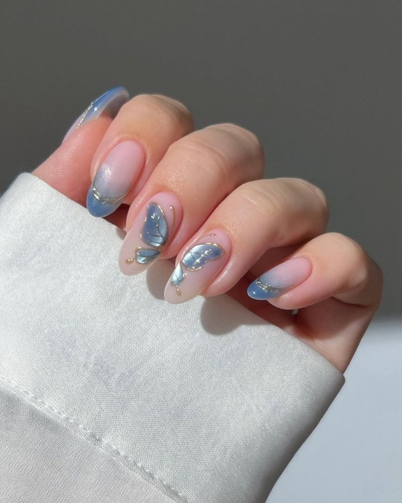 Long Almond Pink Blue Gradient Butterfly Nails — Korean Nails