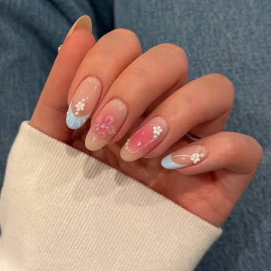 Medium Almond Nude French Floral Art Nails — Korean Nails