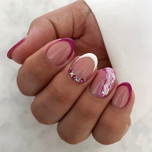 Medium Almond Fuchsia French Marble Rhinestone Nails — Korean Nails