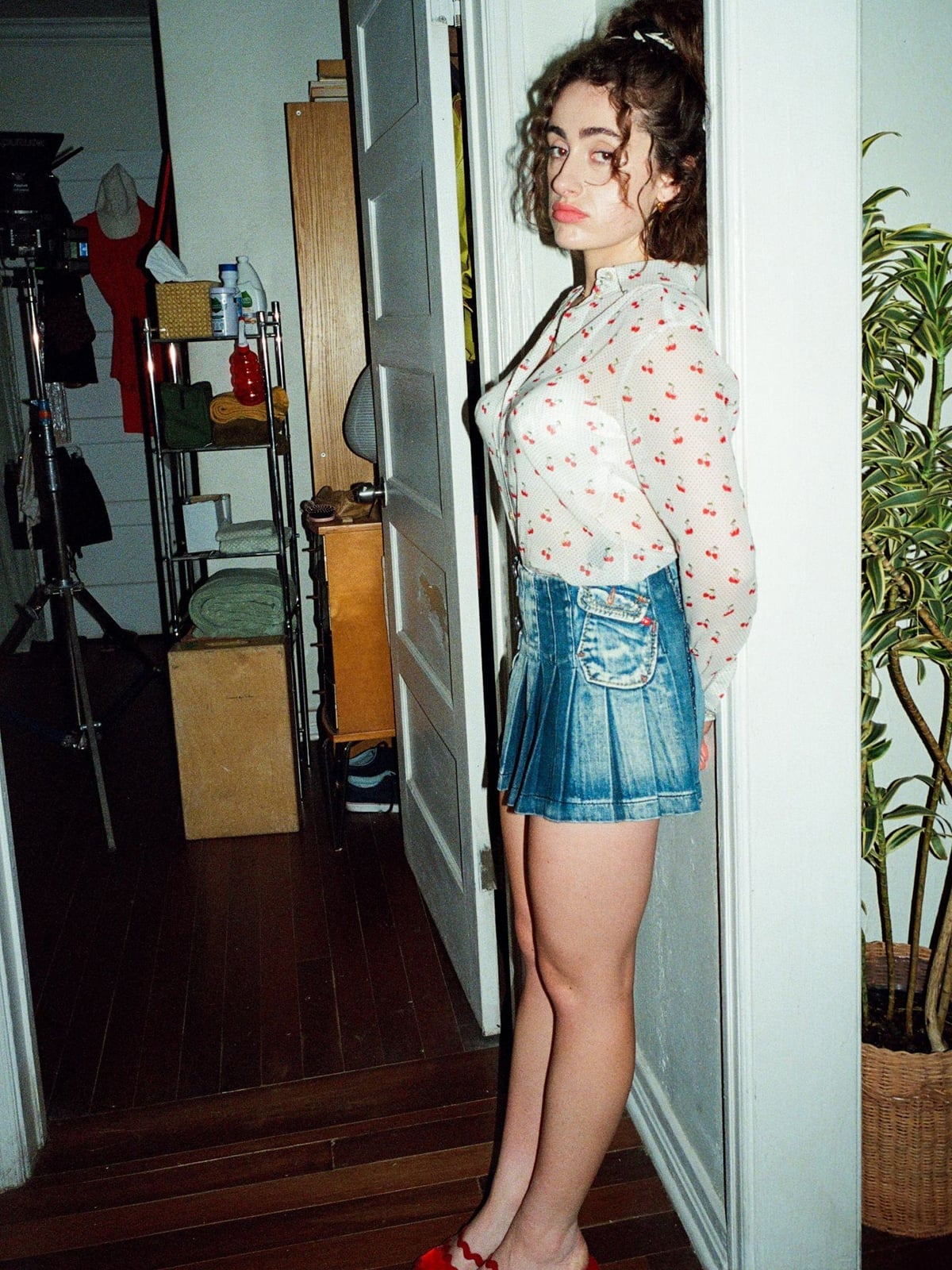 Cherry Print Blouse with Denim Mini Skirt Cherry Print Blouse with Denim Mini Skirt — La Outfits