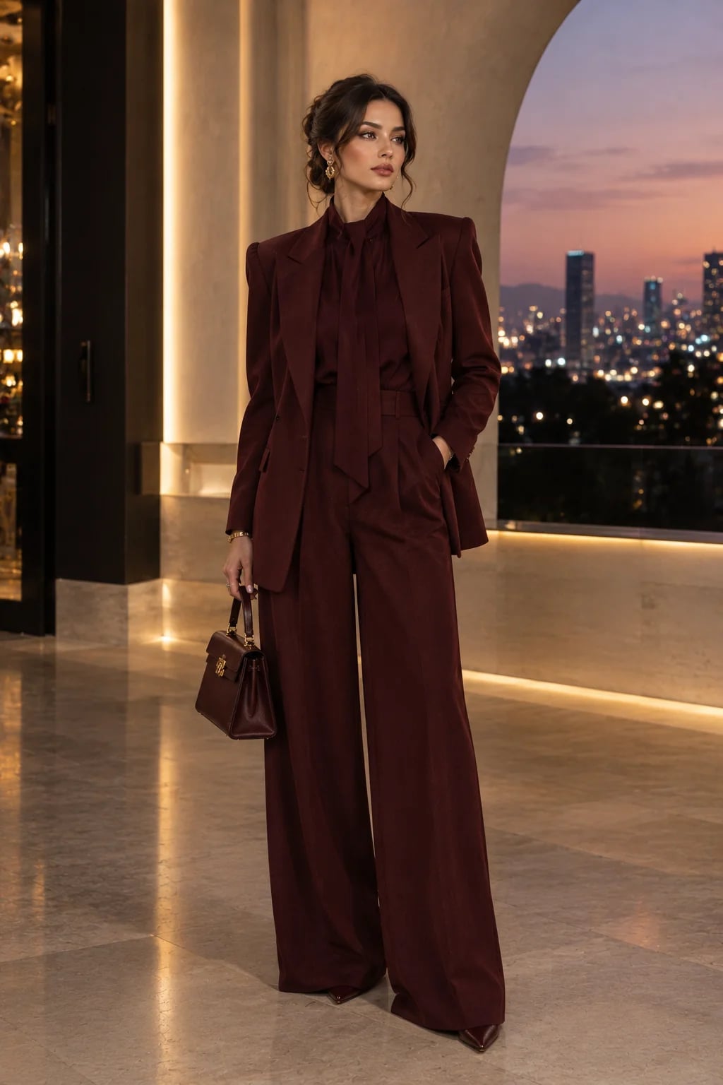 Sophisticated Maroon Suit with Pussy-Bow Blouse Sophisticated Maroon Suit with Pussy-Bow Blouse — La Outfits
