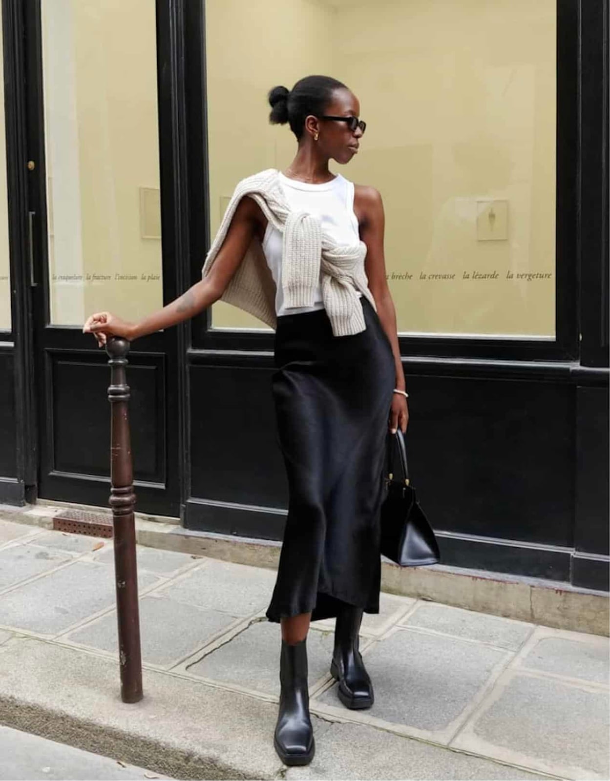 Satin Midi Skirt Adds Evening Flair to Casual Top Satin Midi Skirt Adds Evening Flair to Casual Top — La Outfits