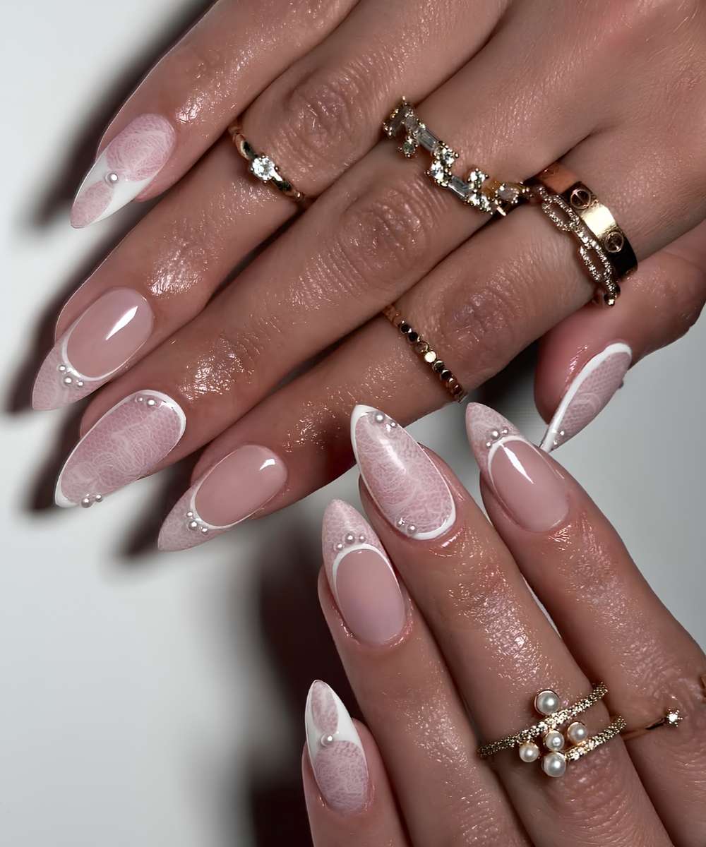 Sheer Nude Almond Lace Nails with Pearl Accents