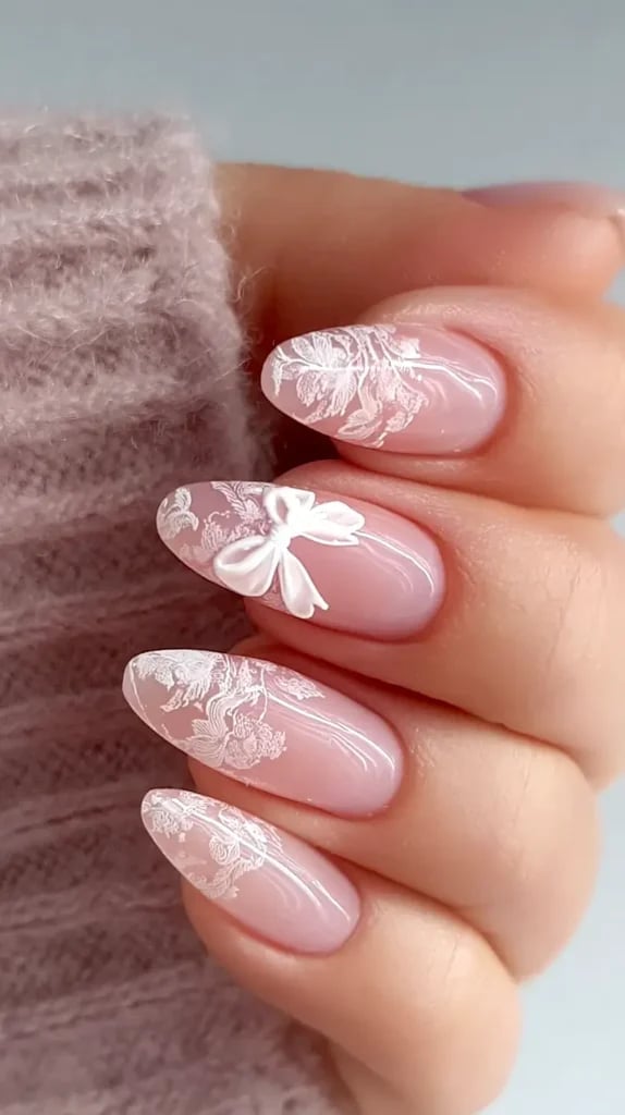 Short Almond Lace Nails with 3D White Bow