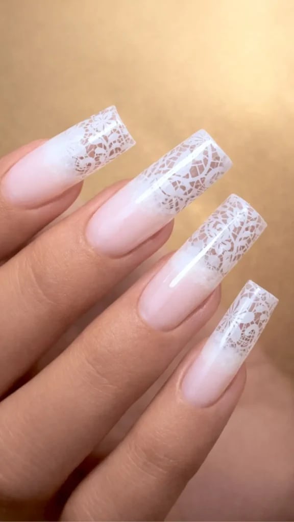 Short Almond Nails with Delicate White Lace Tips — Lace Nails