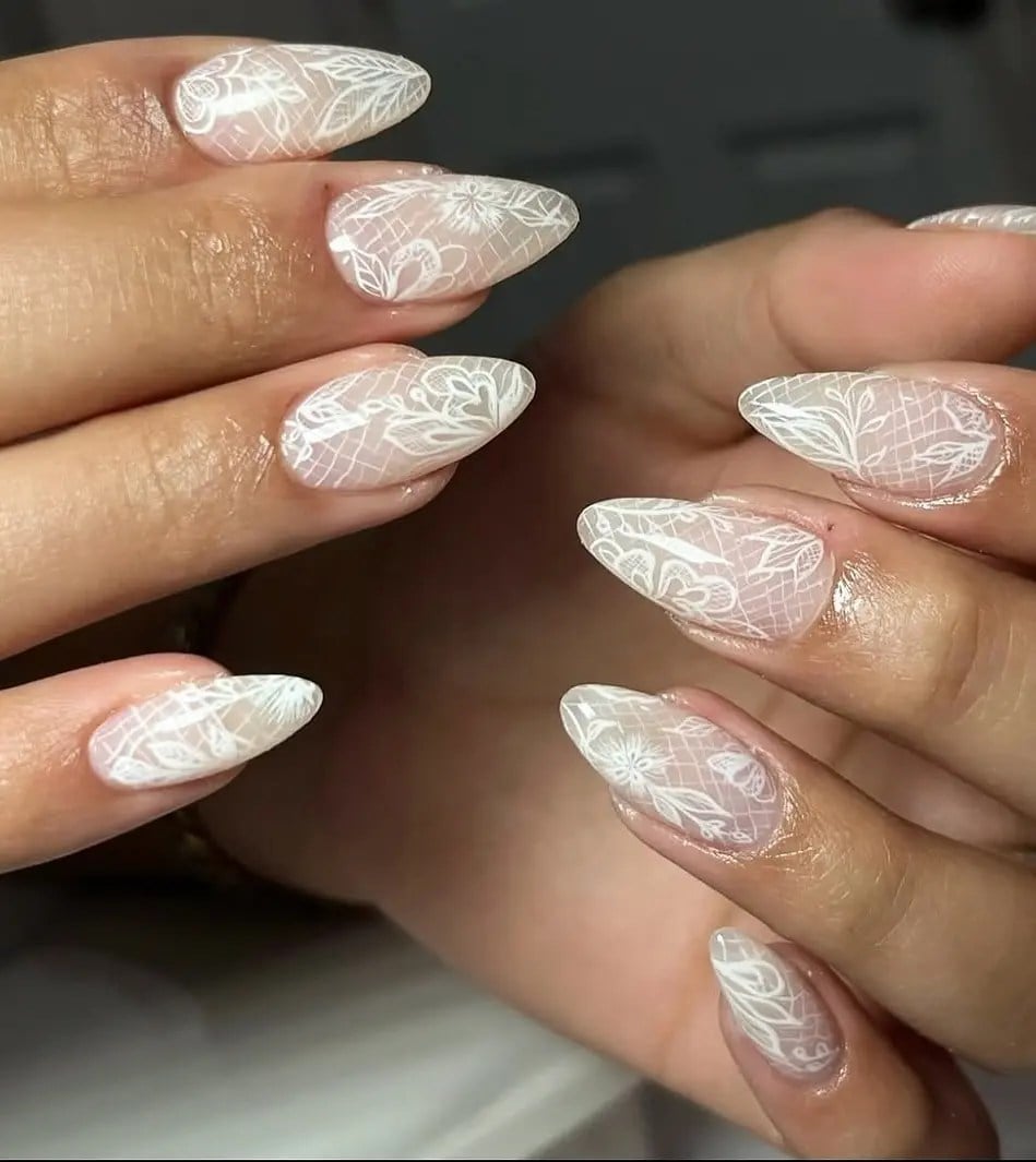 Medium Almond Nails with All-Over White Lace — Lace Nails