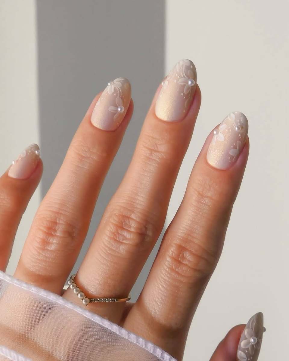 Sheer Nude Shimmer Almond Nails with Pearls and Flowers — Lace Nails