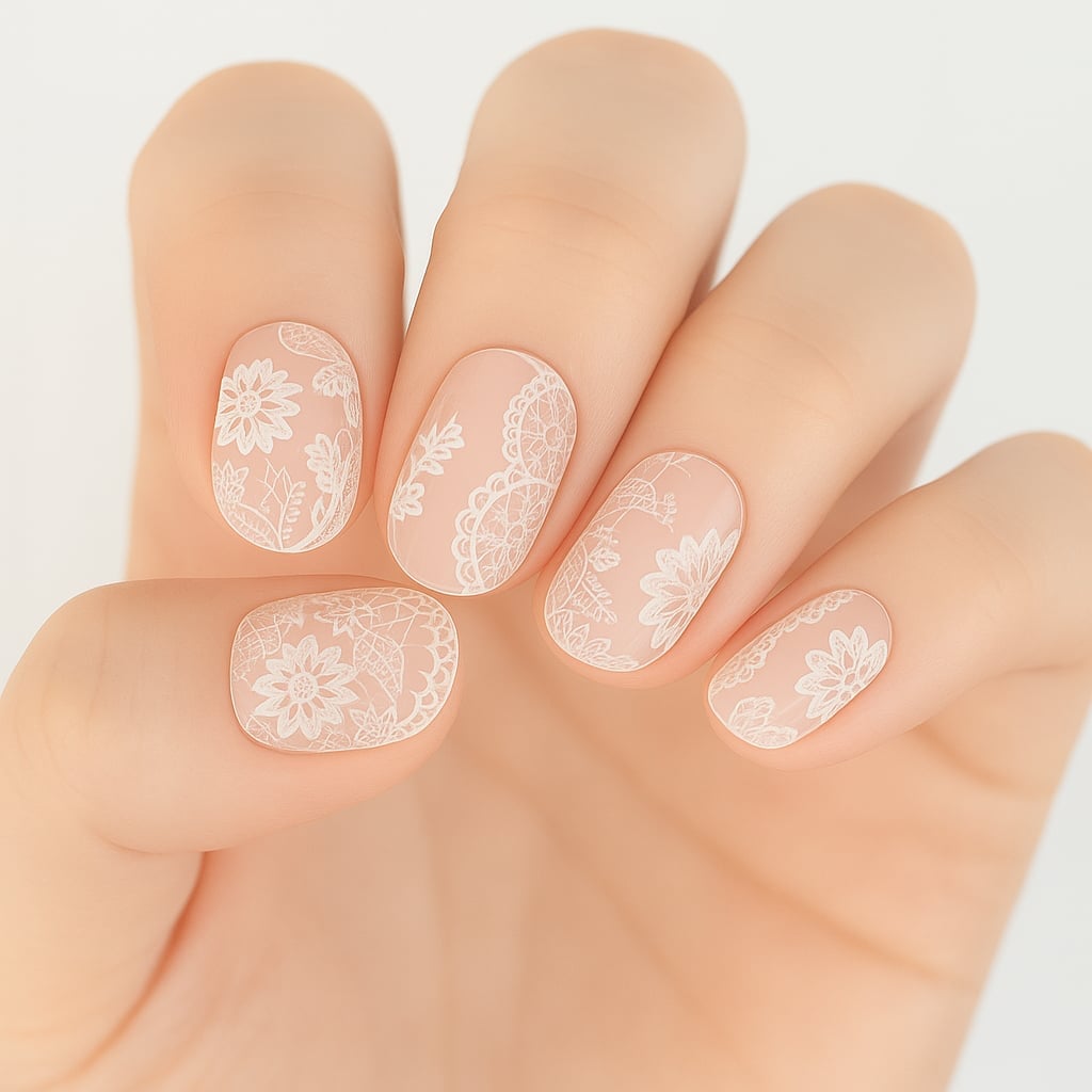 Short Rounded Square Nude Nails with White Lace — Lace Nails