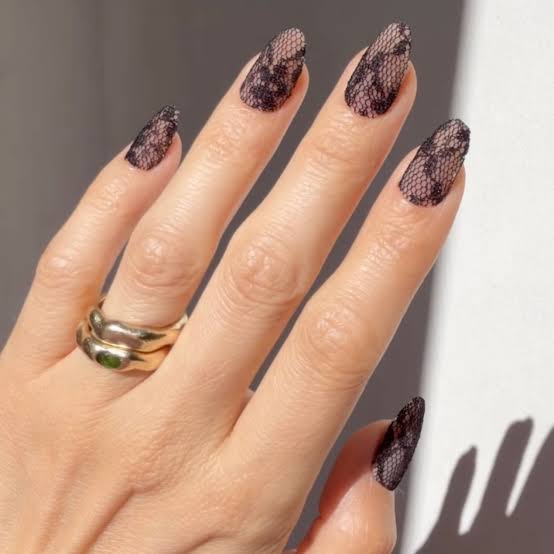 Deep Black Stiletto Nails with Sheer Black Lace — Lace Nails