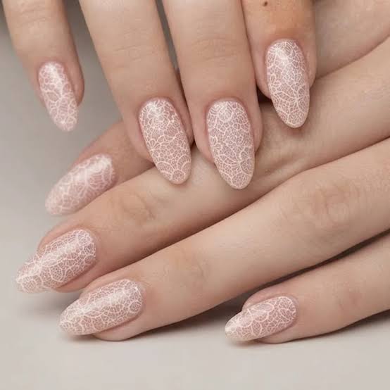 Medium Almond Nails with Romantic White Lace — Lace Nails