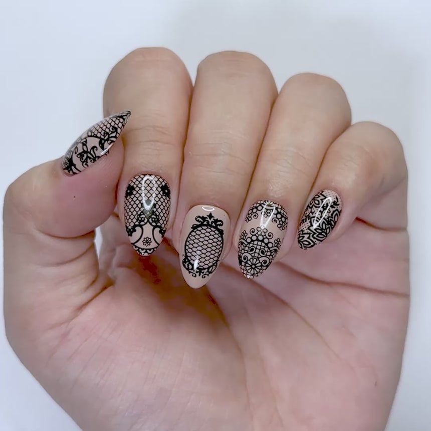 Medium Almond Nails with Ornate Black Lace Designs — Lace Nails