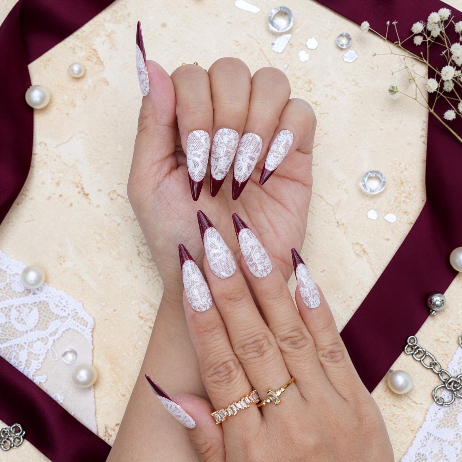Long Stiletto Nails with White Lace Over Burgundy — Lace Nails