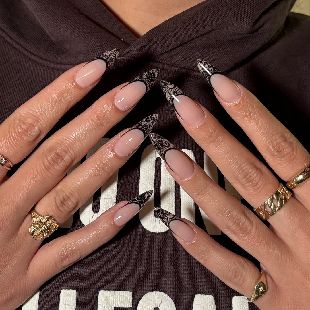Long Almond Nails with Delicate White Lace Overlay — Lace Nails
