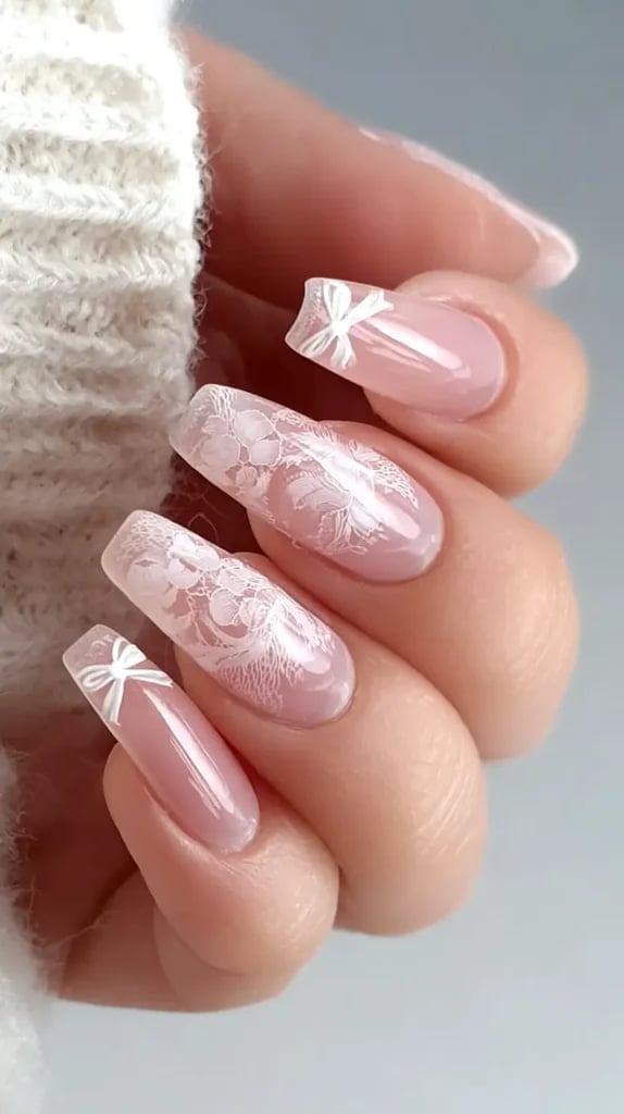 Short Almond Lace Nails with 3D White Bow and Sheer Nude Base