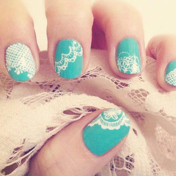 Short Square Turquoise Nails with White Lace Edge, Close-Up Take — Lace Nails