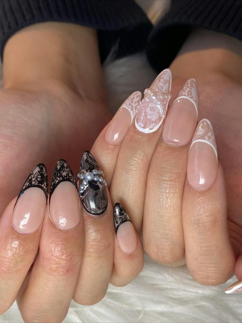 Medium Almond Nails with Mixed Lace and Pearl Accents — Lace Nails