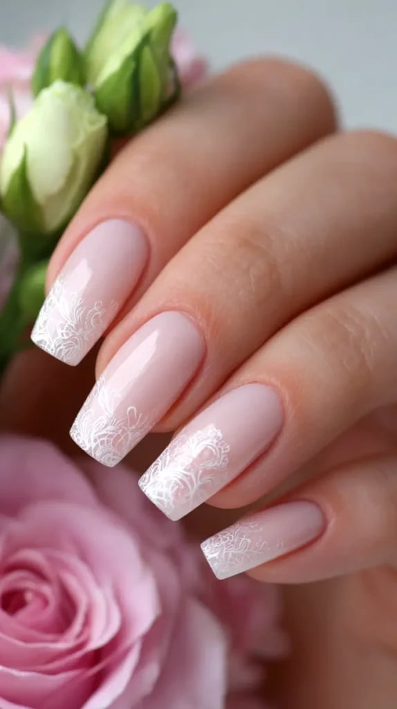 Short Square Pink Nails with Delicate White Lace Tips — Lace Nails