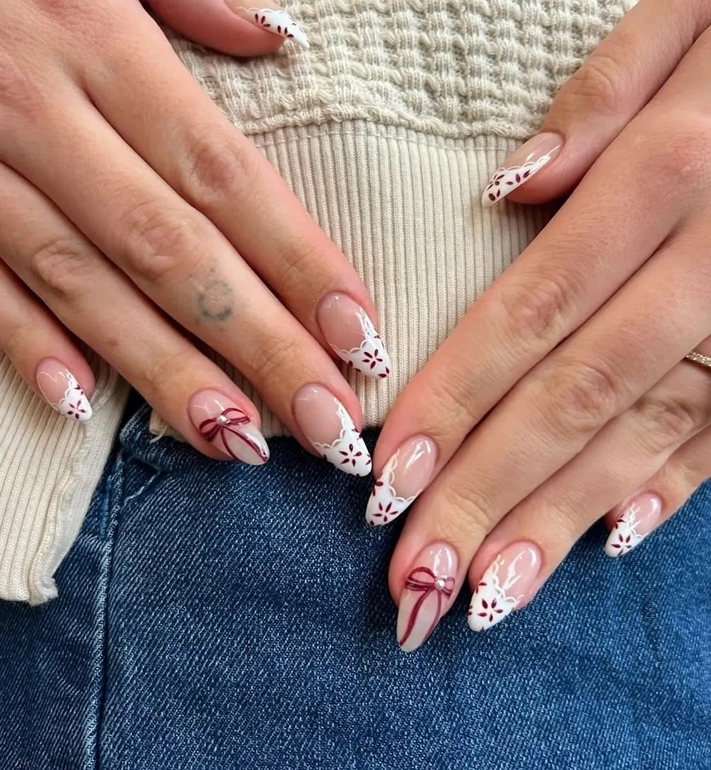 Medium Almond Nails with Black Lace and Polka Dots and Sheer Nude Base — Lace Nails