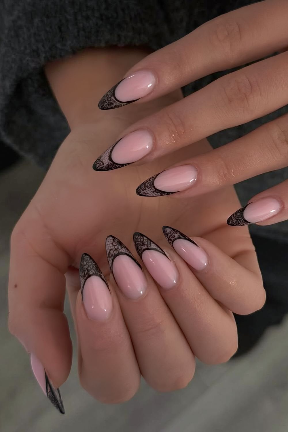 Medium Almond Nails with Black Lace French Tips — Lace Nails