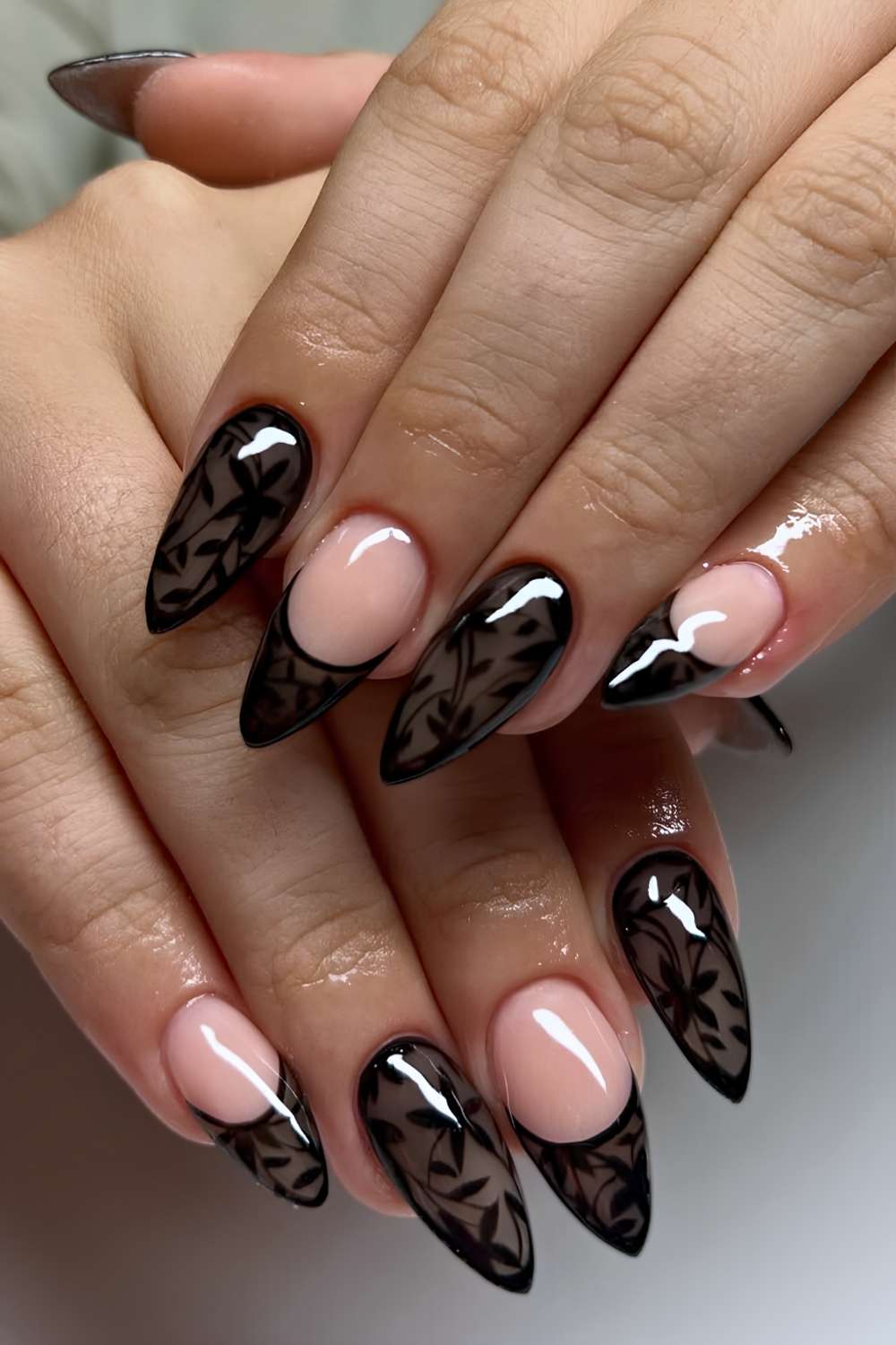 Long Stiletto Nails with Black Lace French Tips — Lace Nails