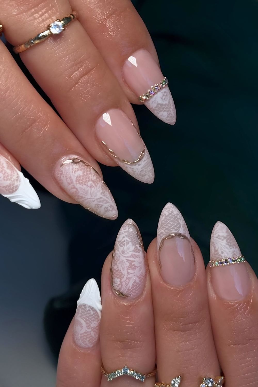 Stiletto Nails with White Lace and Gold Cuticle Line — Lace Nails