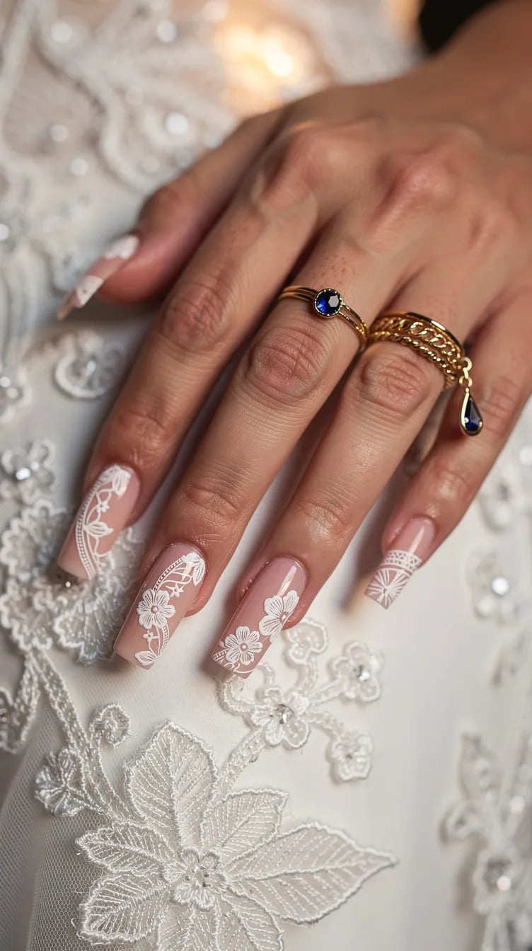 Long Coffin Nails with All-Over White Floral Lace — Lace Nails