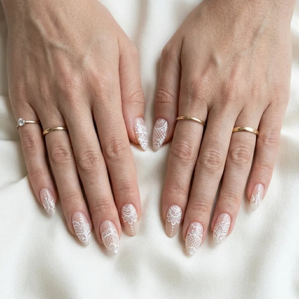 Sheer Nude Almond Nails with Intricate White Lace — Lace Nails