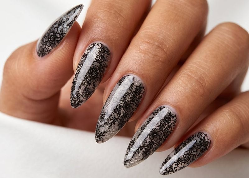 Long Stiletto Nails with Dramatic Black Lace — Lace Nails