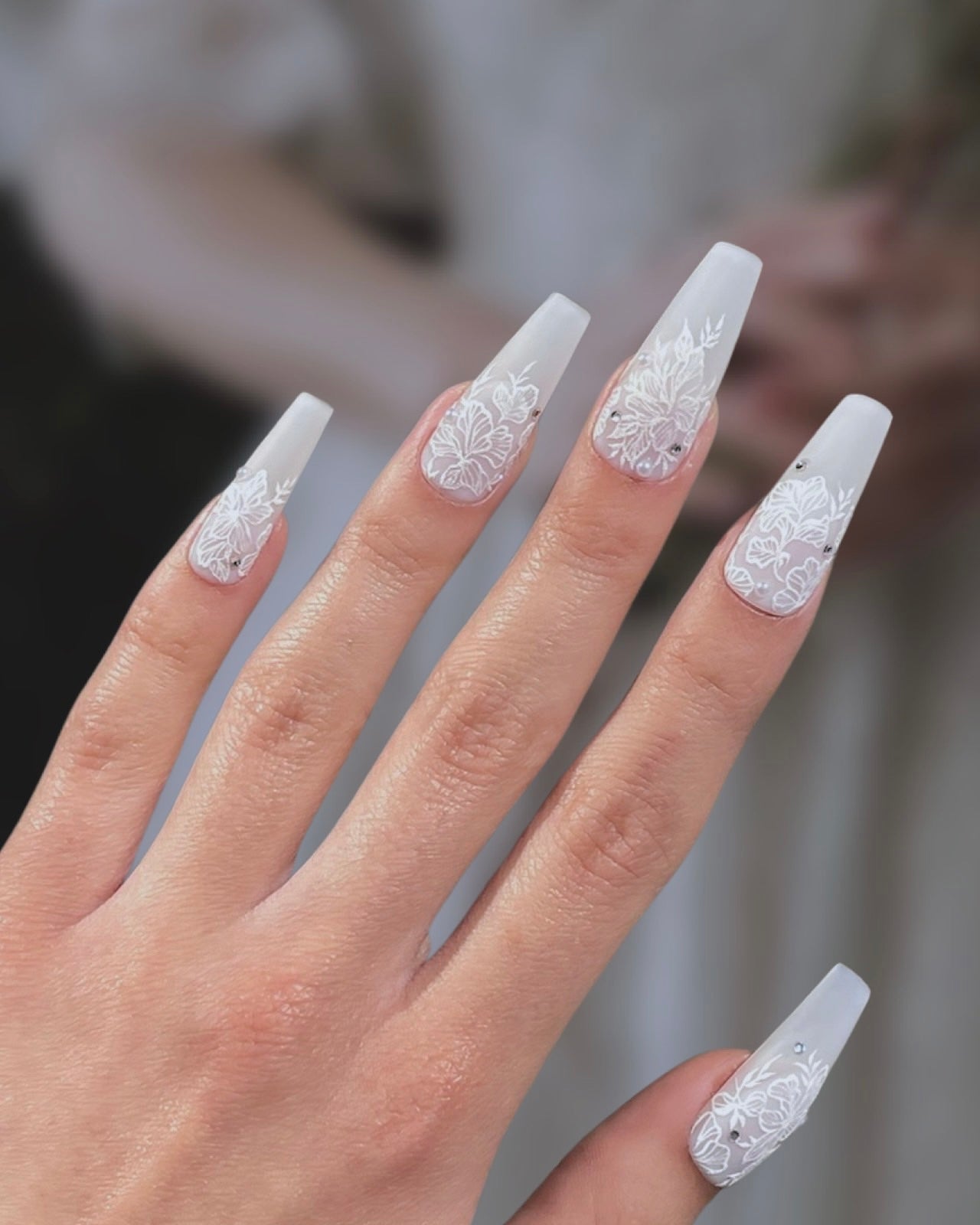 Short Square Matte White Lace and Pearl Nails — Lace Nails